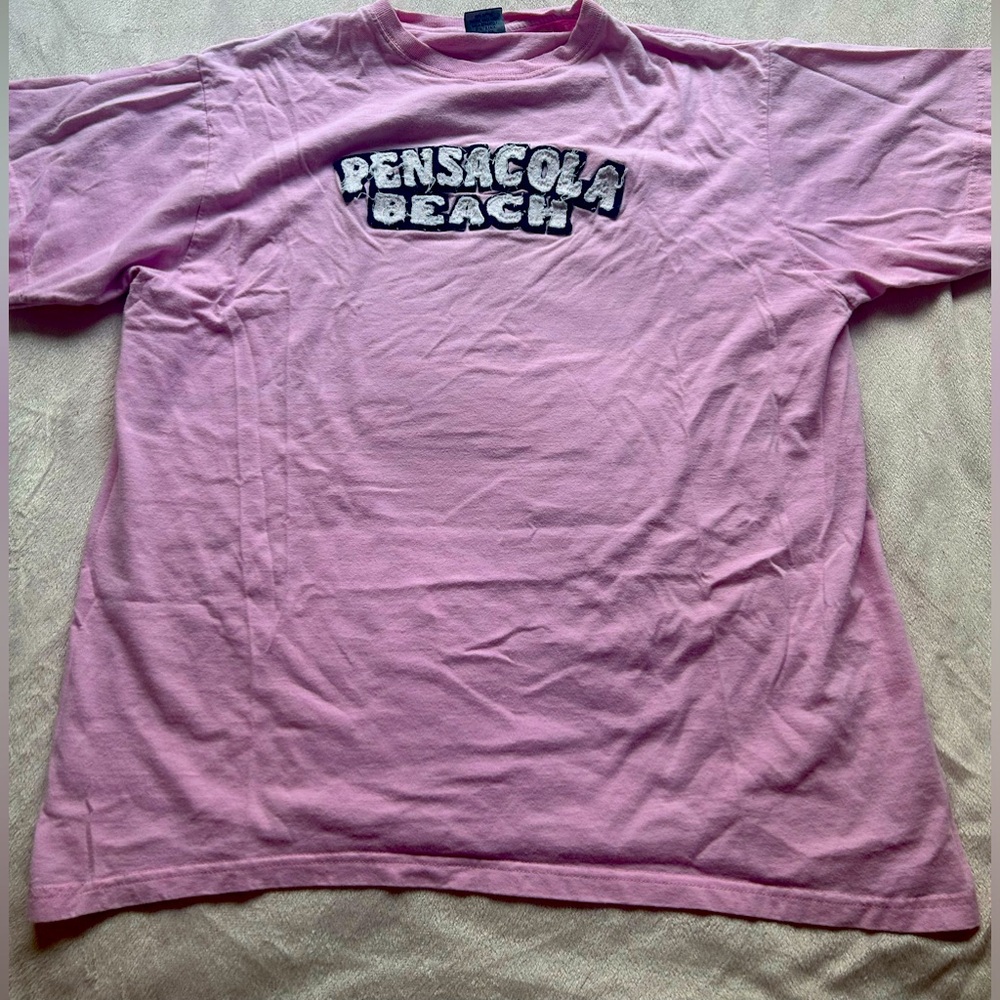 Oversized pink Pensacola Beach shirt with fabric letters size Large